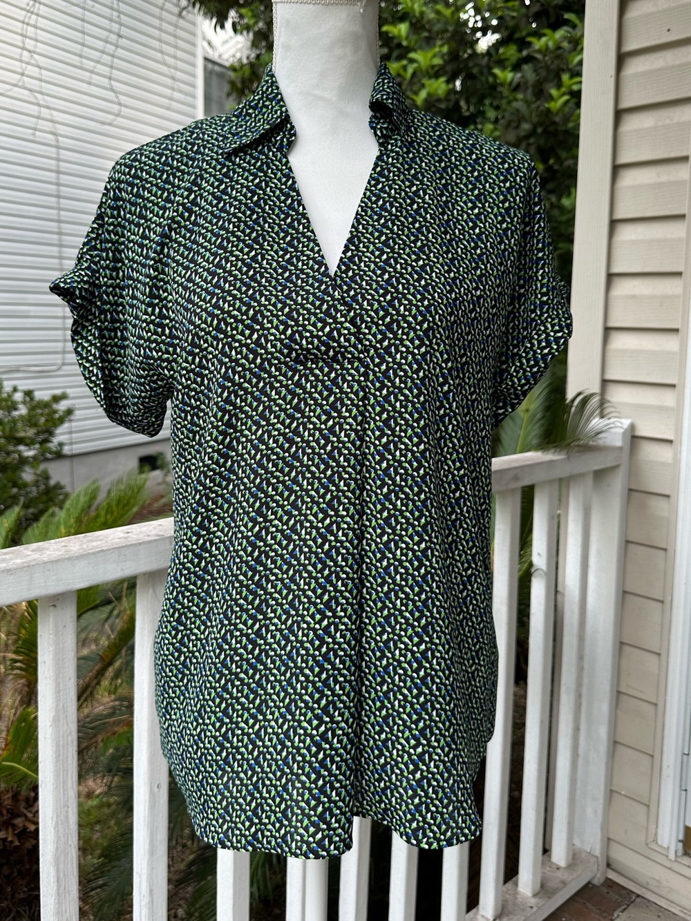 CAbi Black Button-Down Shirt with Green and Blue Microprint